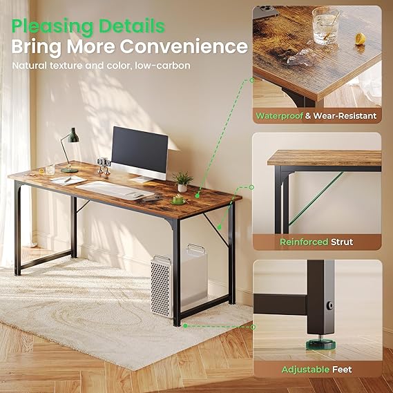 Huuger Computer Desk, 55 Inch Home Office Desk, Gaming Writing Work from Home Study Desk, Large Legroom, Sturdy Metal Frame, Modern Simple, Rustic Brown