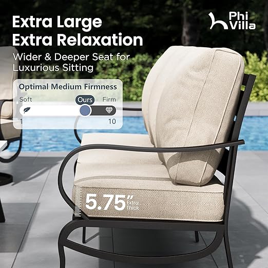 PHI VILLA Metal Patio Sofa with 5.75" Extra-Thick Waterproof Cushion, 3 Seater Deep Seat & High Back Outdoor Couch, All Weather Porch Furniture for Deck Backyard Front Porch Apartment,Beige